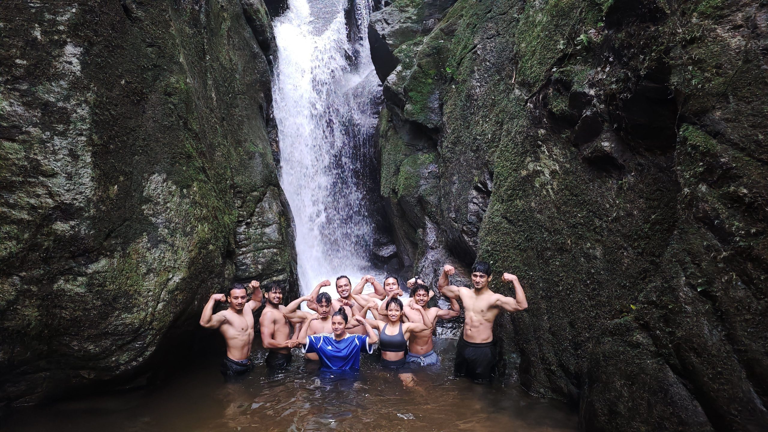 NYFA Nepal adventure training — students connecting with nature during an outdoor fitness hike.