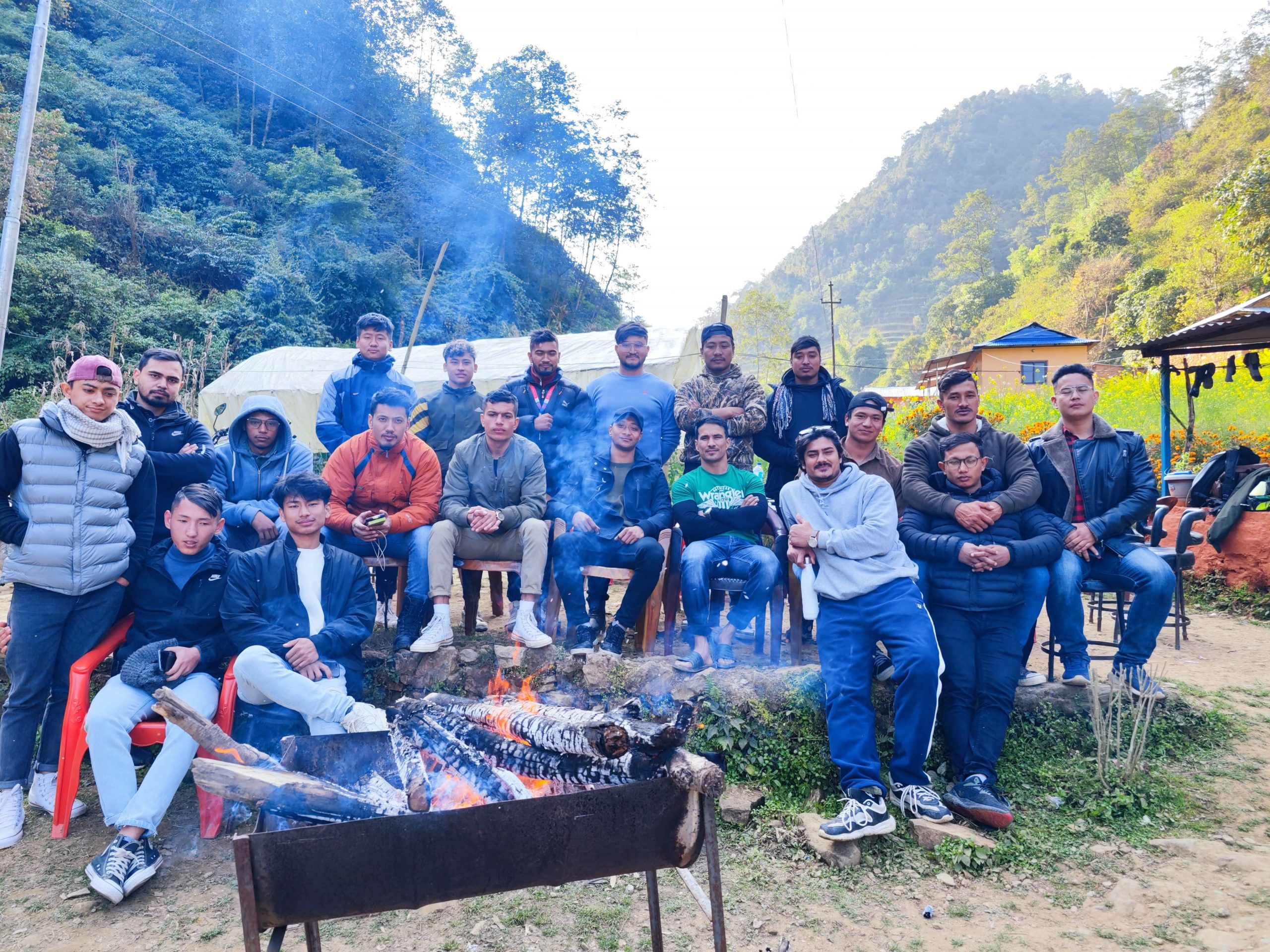 NYFA Nepal outdoor fitness session — group hike building endurance and team camaraderie among CPT trainees.